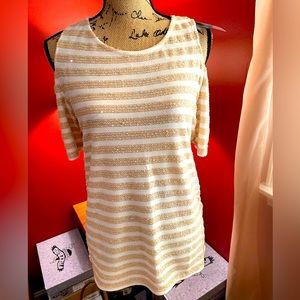 Chico’s Gold, Ivory and Metallic within Cold shoulder top.
